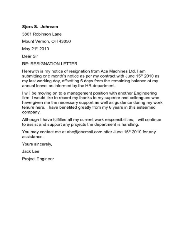 Standard Resignation Letter Sample