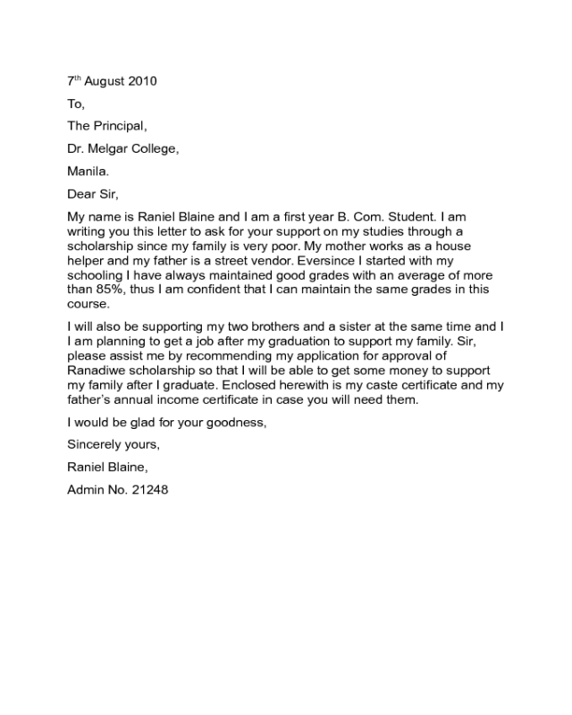 sample application letter for student scholarship