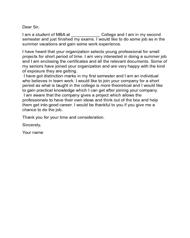 cover letter template for summer job