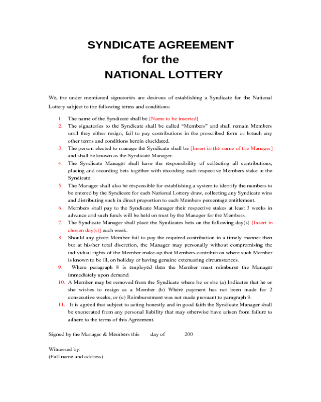 Syndicate Agreement for the National Lottery