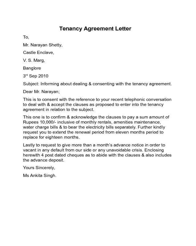 Tenancy Agreement Letter Sample