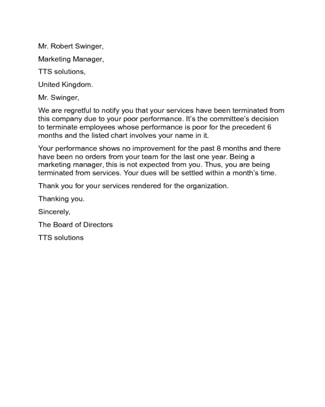 Termination Letter for Non-Performance Sample