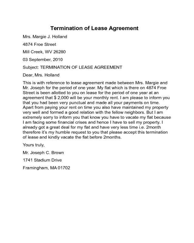 Termination of Lease Agreement Sample