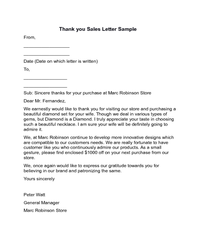 Thank you Sales Letter Sample