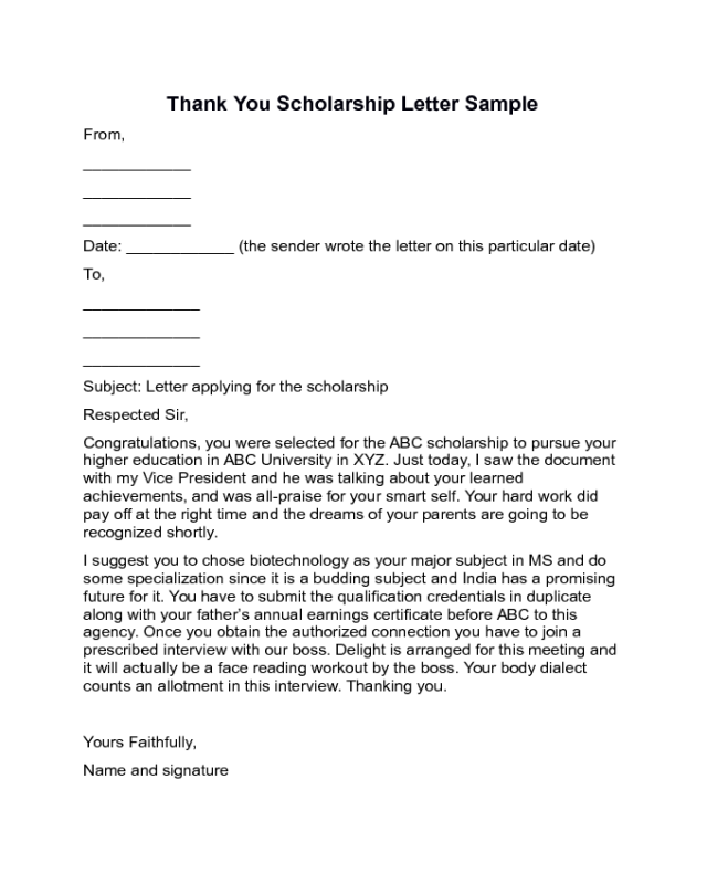 Thank You Scholarship Letter Sample
