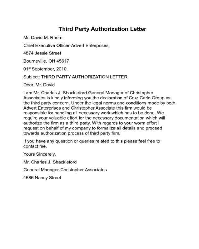 Third Party Authorization Letter Sample