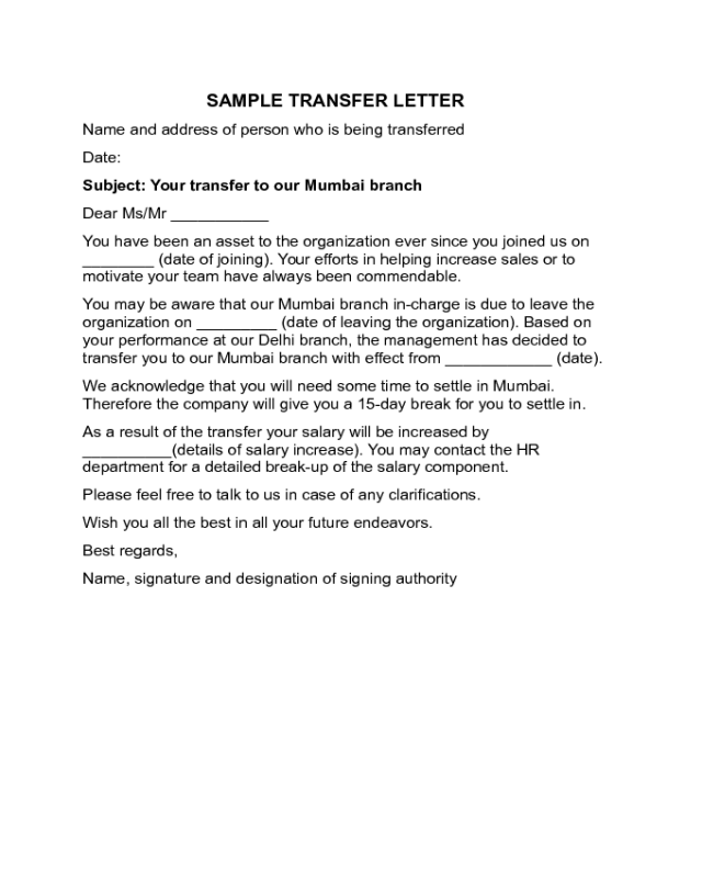 Transfer Letter Sample
