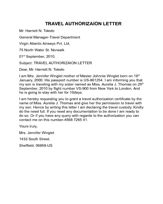 Travel Authorization Letter Sample