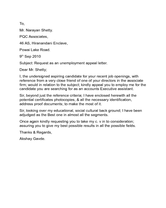 Unemployment Appeal Letter Sample