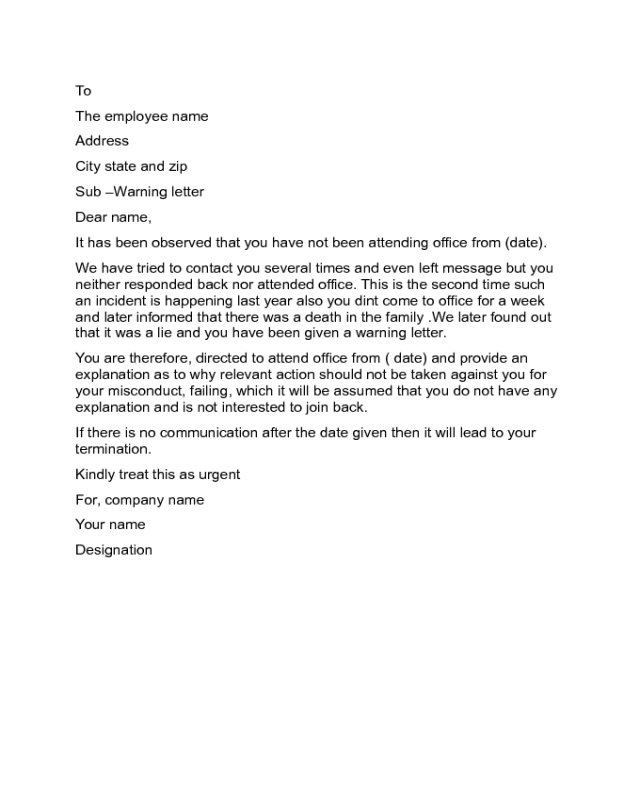 Warning Letter to Employee for Absense Sample
