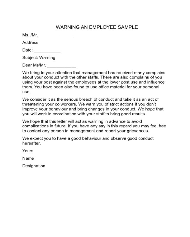 Warning Letter to Employee Sample