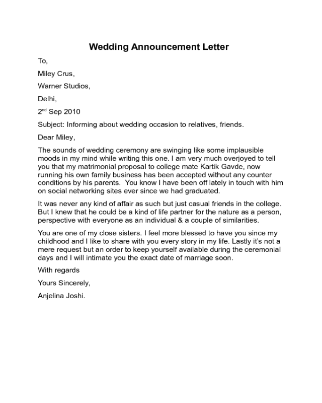 Wedding Announcement Letter Sample