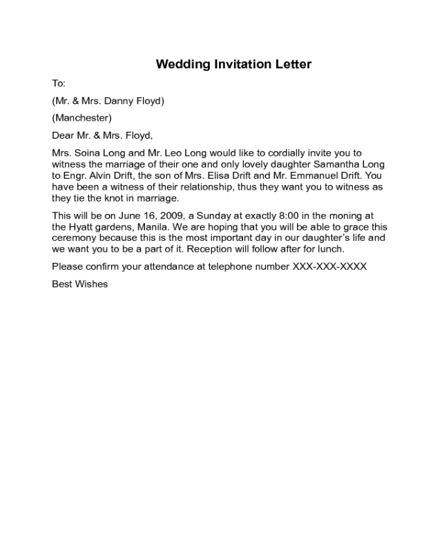 Wedding Invitation Letter Sample