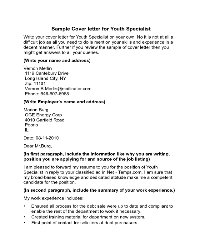 Youth Specialist Cover Letter Sample