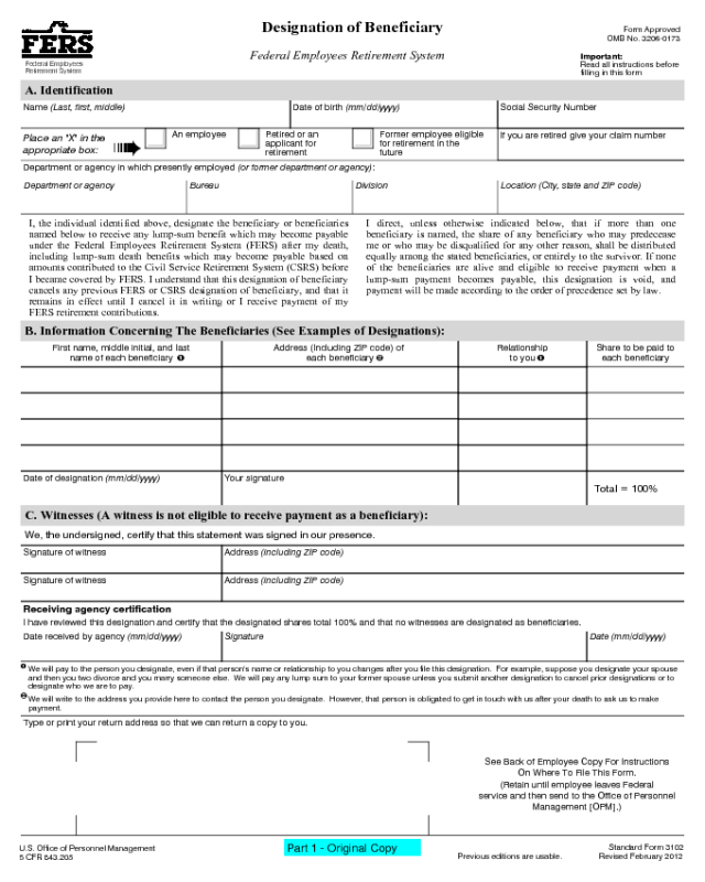 Form Sf 2808 Designation Of Beneficiary