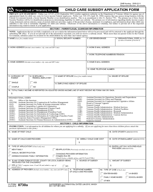 VA Form 0730a