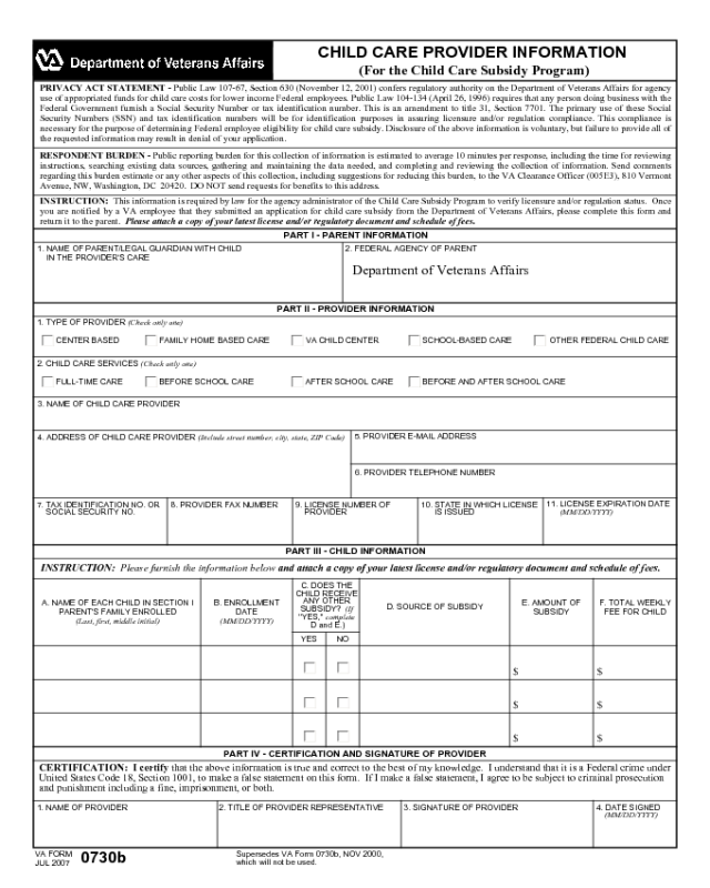 VA Form 0730b