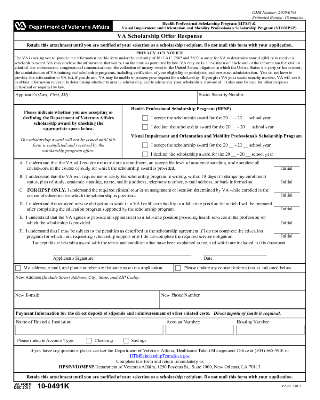 VA Form 10-0491k