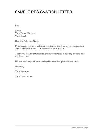 Resignation Letter Sample For Swem Library Student Employees - Edit ...