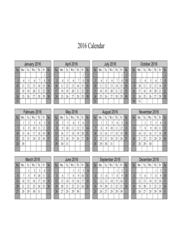 2016 Calendar with Shaded Weekends - Edit, Fill, Sign Online | Handypdf
