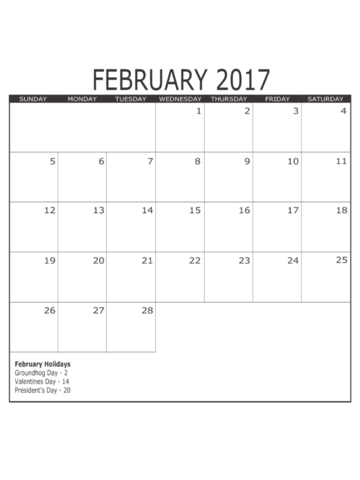 February 2017 Calendar Template - Edit, Fill, Sign Online | Handypdf