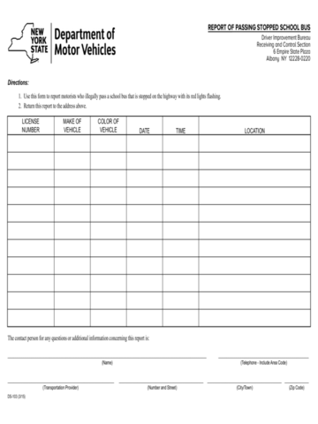 Form DS-103 - Report of Passing Stopped School Bus - New York - Edit ...