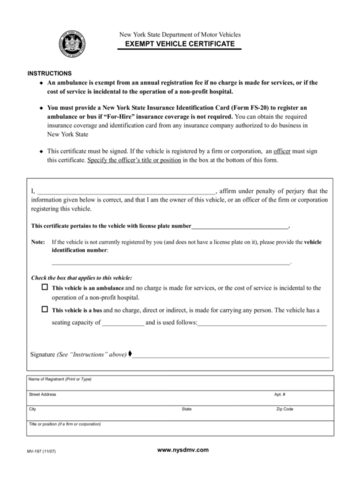 Form MV-197 - Exempt Vehicle Certificate - New York - Edit, Fill, Sign ...