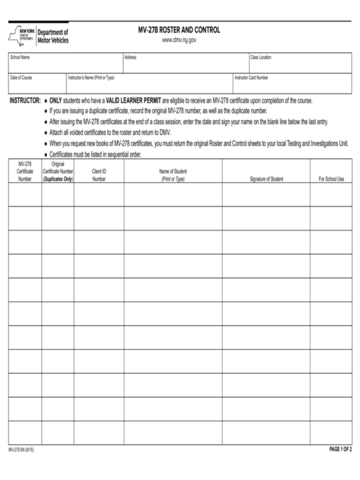 Form MV-278.5N - Roster and Control - New York - Edit, Fill, Sign