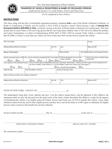 Form MV-349 - Transfer of Vehicle Registered in Name of Deceased Person ...