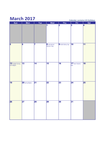 March 2017 Us Calendar With Holidays - Edit, Fill, Sign Online 