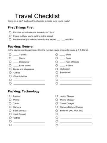 Sample Template for Travel Checklist - Edit, Fill, Sign Online | Handypdf