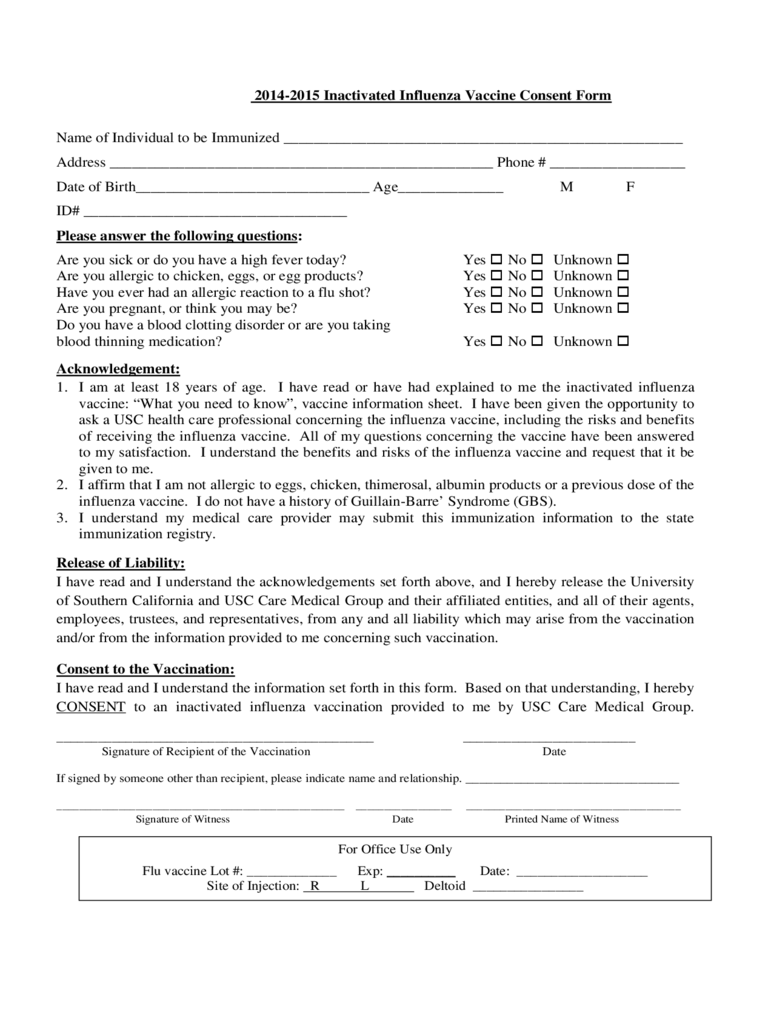 2014-2015 Inactivated Influenza Vaccine Consent Form
