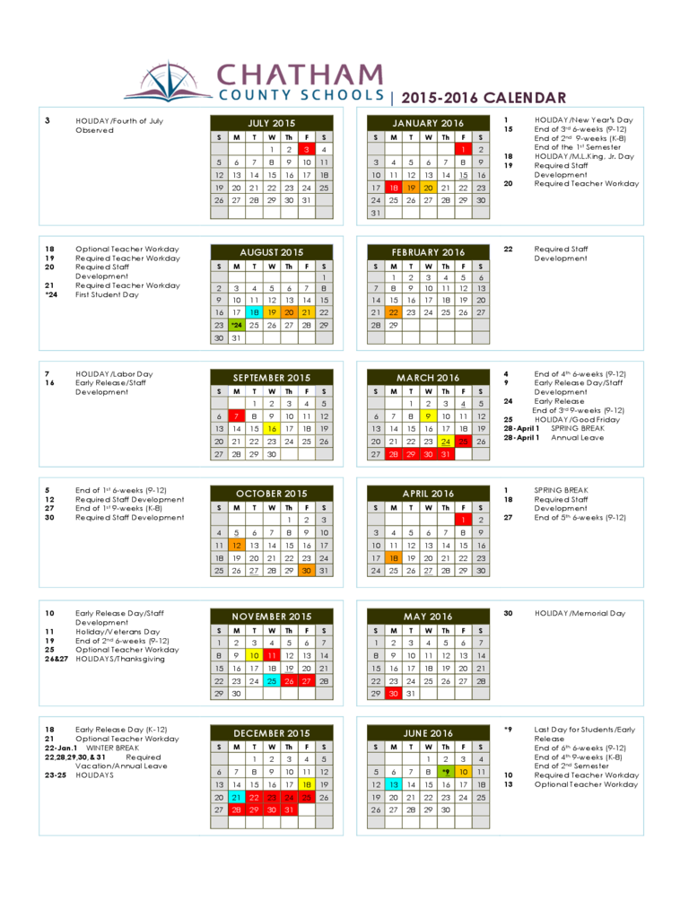 2015-2016 School Calendar Template