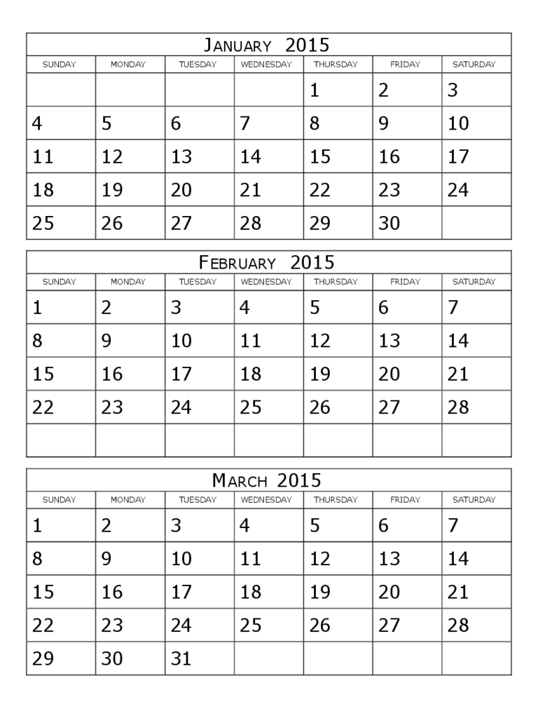 2015 Calendar Three Months Per Page - Edit, Fill, Sign Online | Handypdf