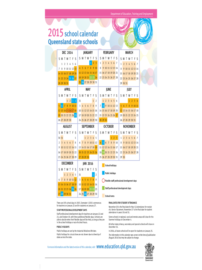 2015 School Calendar Queensland State Edit, Fill, Sign Online