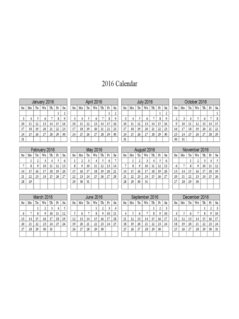 2016 Calendar on One Page (Vertical Grid)