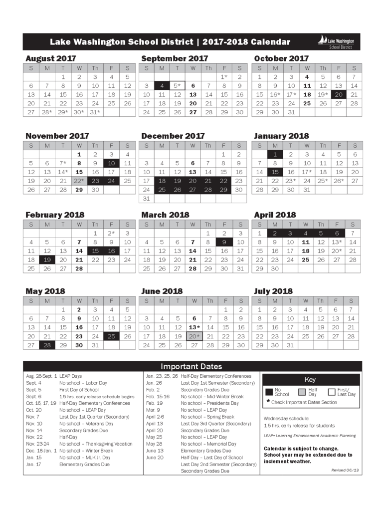 2017 Calendar - Lake Washington School