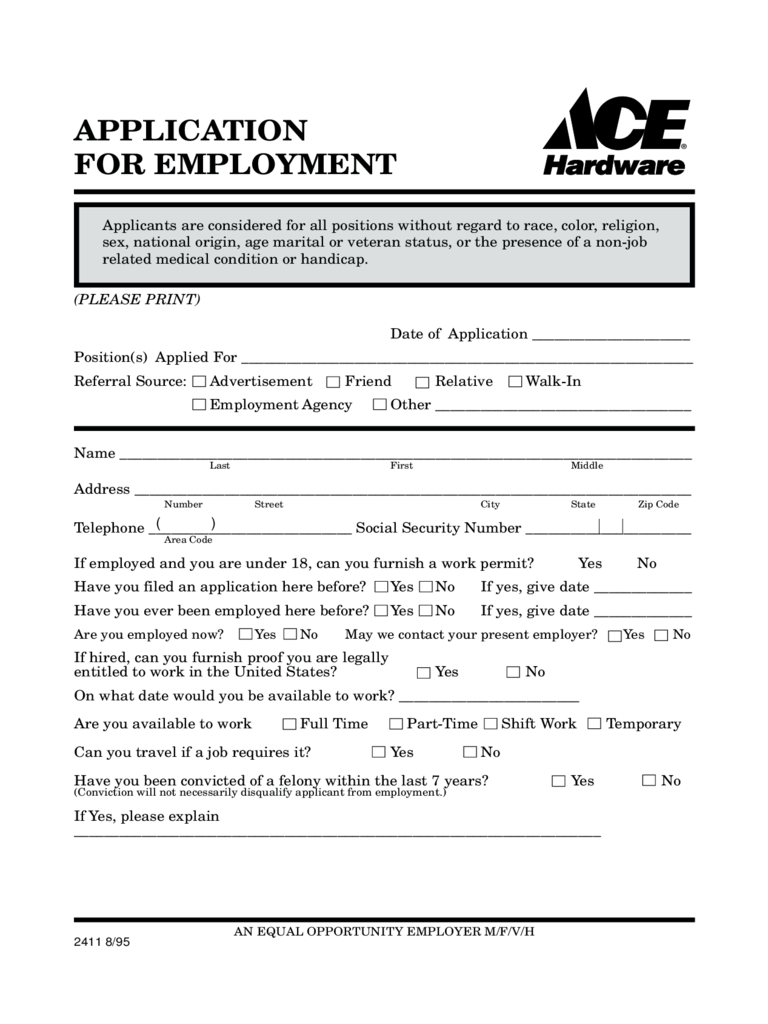 Ace Hardware Application for Employment Form