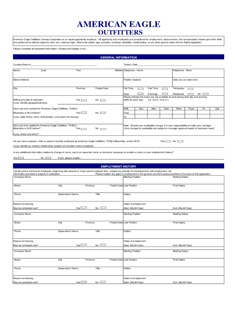 American Eagle Job Application Form