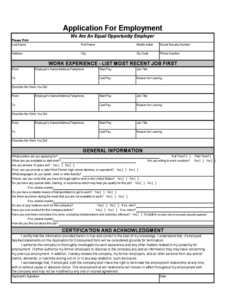 Application for Employment Form Sample