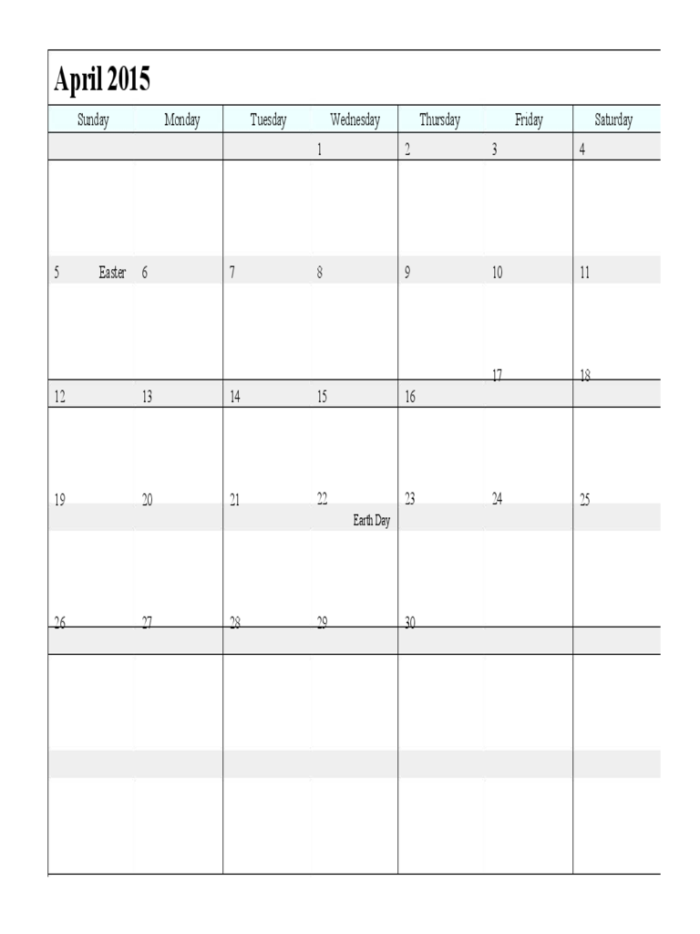 April 2015 Calendar Sample Template