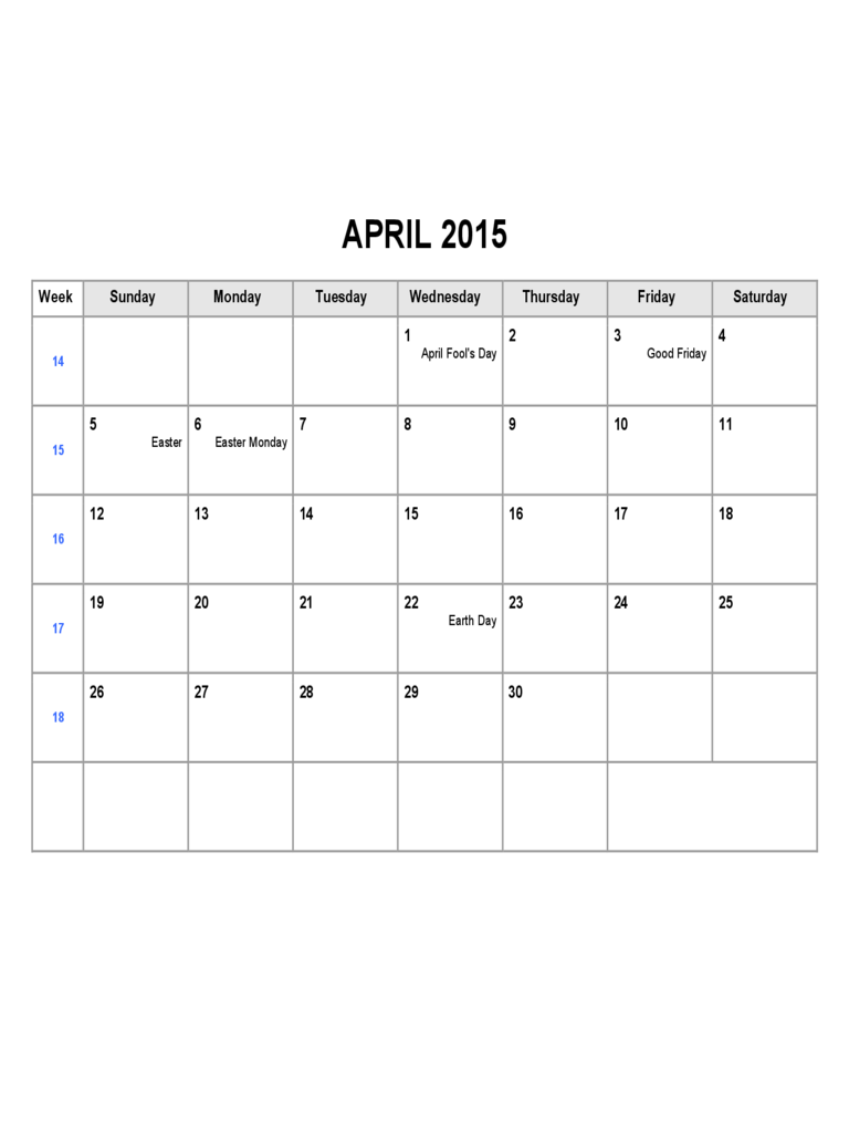 April 2015 Calendar Template