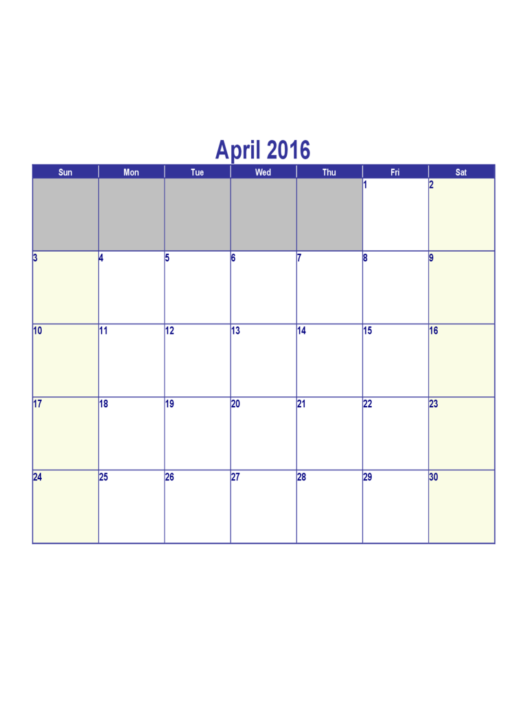 April 2016 Calendar Sample