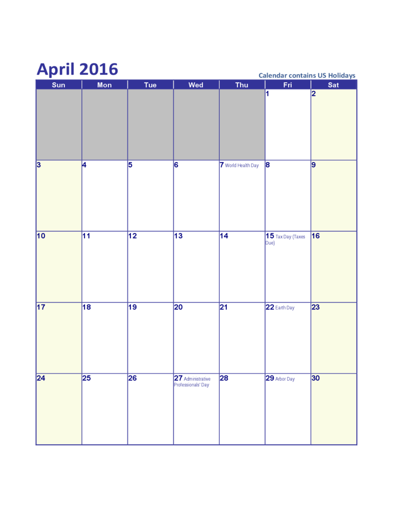 April 2016 US Calendar with Holidays