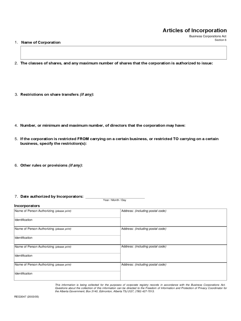 Articles of Incorporation Sample Template
