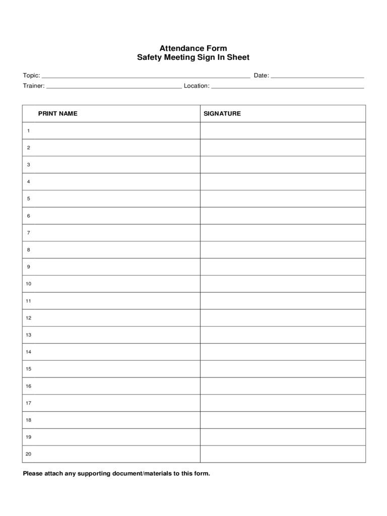 Attendance Form Safety Meeting Sign In Sheet