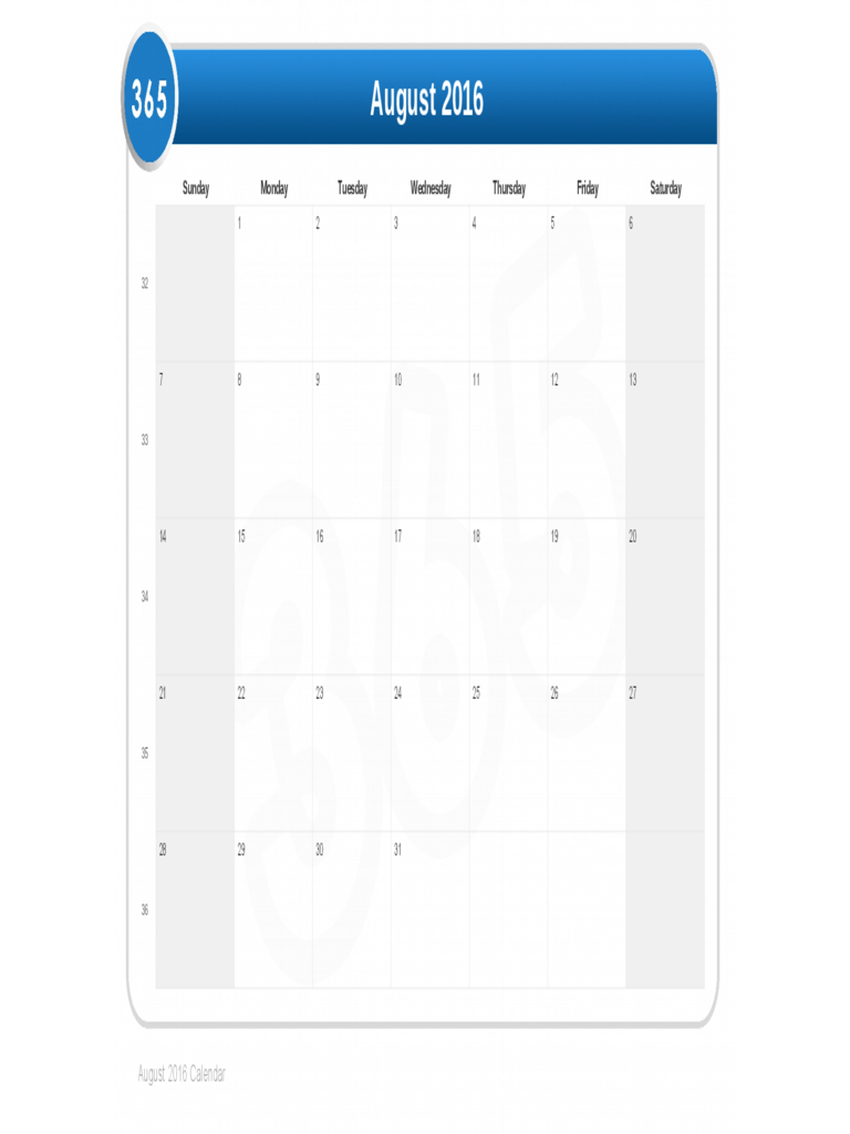 August 2016 Calendar Sample