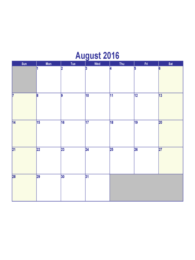 August 2016 Calendar Template
