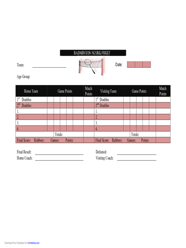 Badminton Score Sheet Template