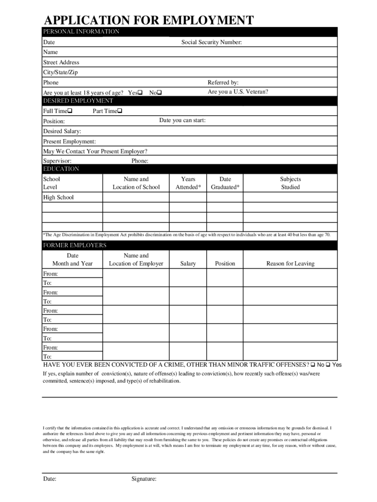Basic Application Form for Employment